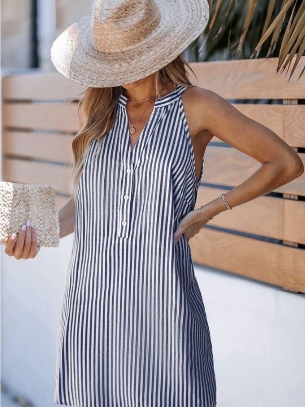 Cupshe Navy and White Vertical Stripe Sleeveless Shift Dress